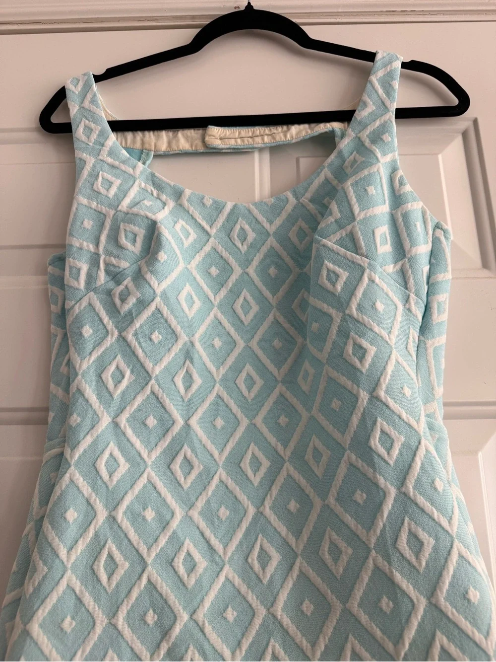 Vintage 1960s white and light blue diamond patterned one piece swimsuit